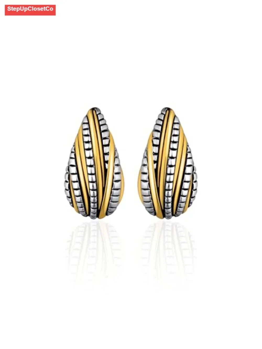 Two-Tone Triple Band Hoop Earrings - Gold Silver Plated Textured Statement Hoops